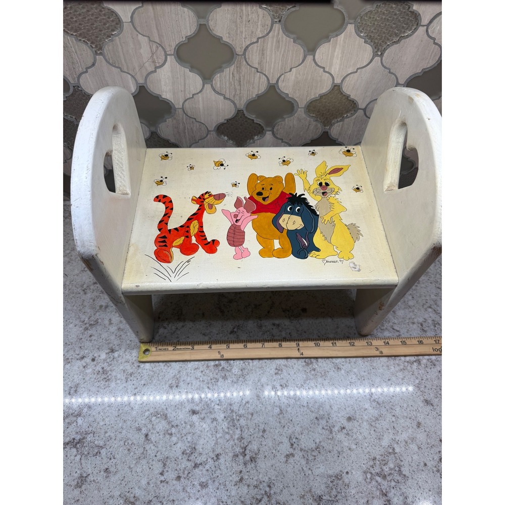 Vintage 1997 Winnie the Pooh Wooden Step Stool Hand Painted Disney Decor Hearts